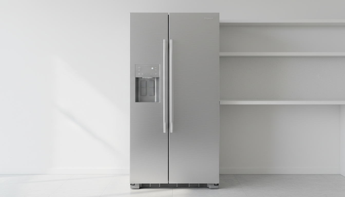 A gleaming stainless steel refrigerator with clean, fingerprint-resistant doors and subtle brushed texture, shown standing against a sleek white kitchen wall. The appliance catches soft natural daylight streaming in from an unseen window, producing gentle highlights along its edges and minimal shadows on the spotless tile floor. The setting is immaculately tidy, emphasizing the fridge's robust and reliable appearance. Photographed at eye-level with a balanced, centered composition and a sharp focus on the appliance, the mood suggests professionalism, reliability, and a corporate modern aesthetic. This realistic, clean image immediately communicates the site's service focus and organizational ethos.
