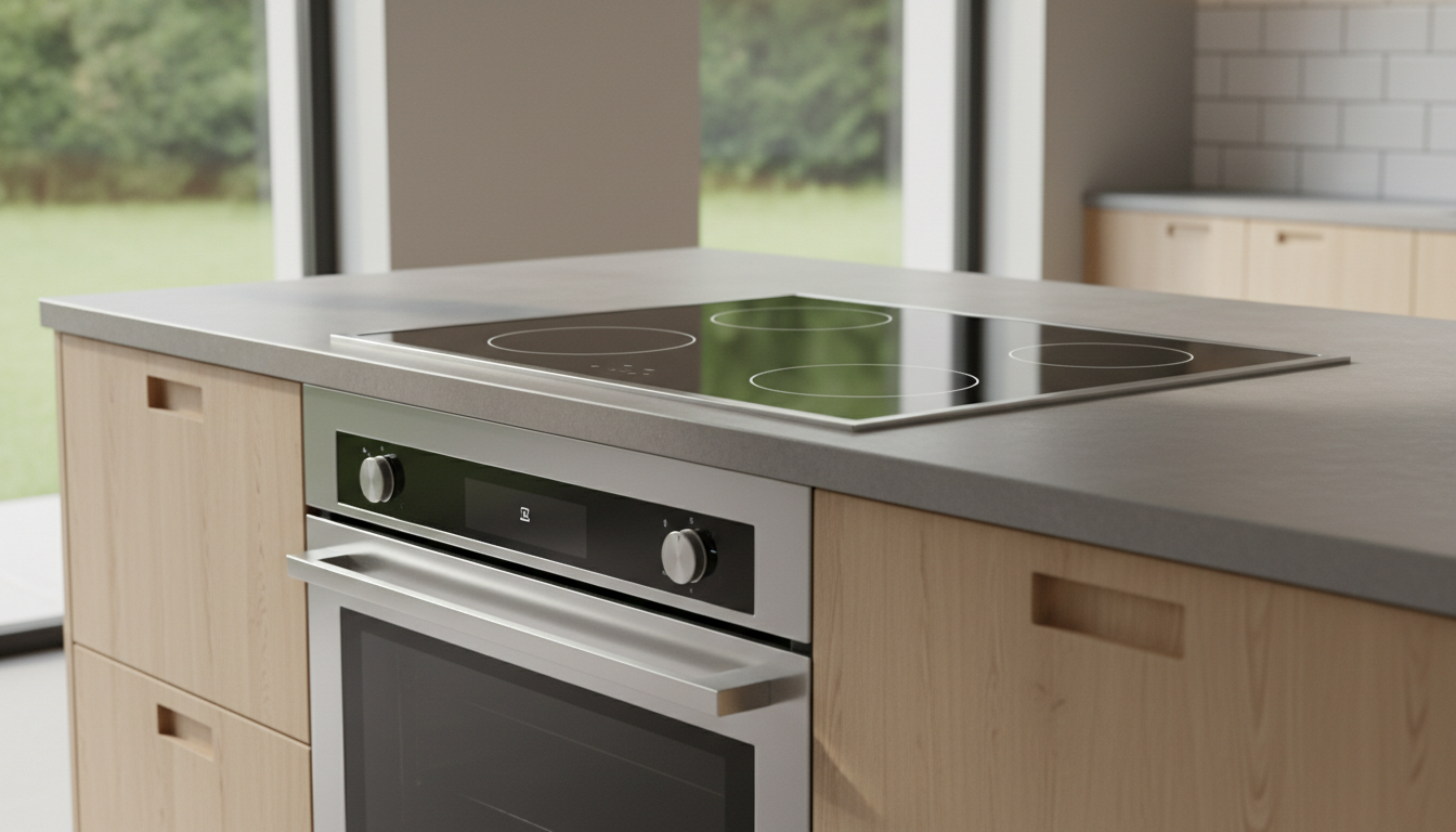 A modern electric oven and stovetop with a smooth black glass surface and subtle metallic trim, built into a minimalist kitchen island featuring matte stone countertops and light wood cabinetry. The image is lit by soft afternoon natural light filtering through a nearby window, highlighting the oven's pristine surfaces and casting delicate shadows beneath the stovetop. Captured from a three-quarter angle with the appliance centered in the frame, the mood is polished and trustworthy, reflecting a business-like efficiency. The composition employs clean lines and a neutral backdrop, creating a photographic, corporate visual perfectly suited to an appliance repair site.