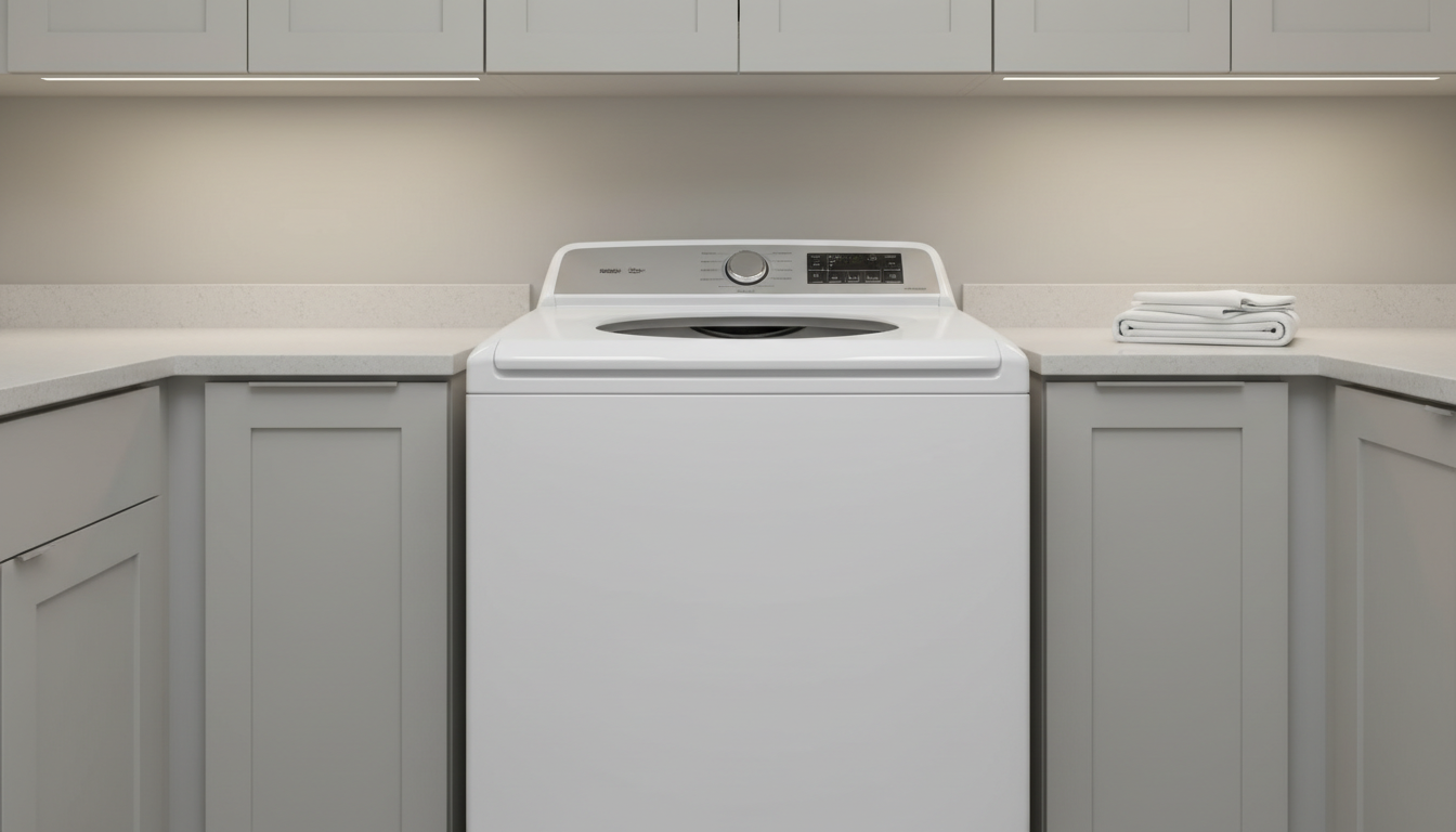 A pristine white top-loading washing machine with a smooth, glossy enamel finish and a discreet chrome control panel, placed in a contemporary laundry room with pale gray cabinetry and neutral stone countertops. Soft, diffused overhead lighting illuminates the machine evenly, creating a calm, serene environment. The washer is the focal point, captured at a slightly elevated angle to showcase both its controls and drum opening. The composition is structured and symmetrical, reinforcing a sense of order and methodical efficiency. The photographic realism and uncluttered setting align with a modern, professional appliance repair context.